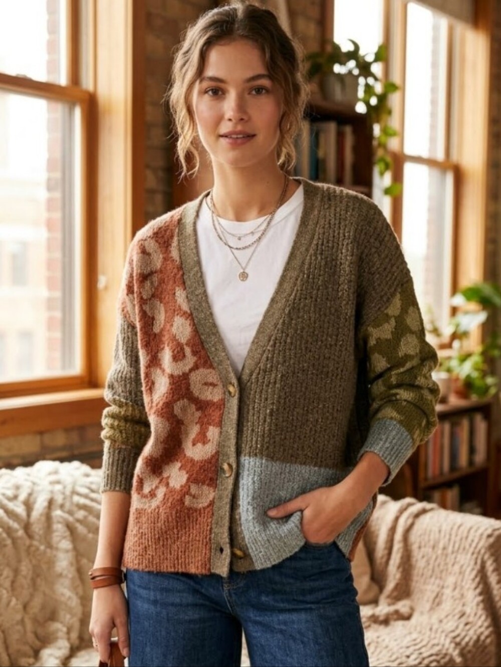 Mystree Patchwork Leopard Multi-Tone Knit Cardigan Size L